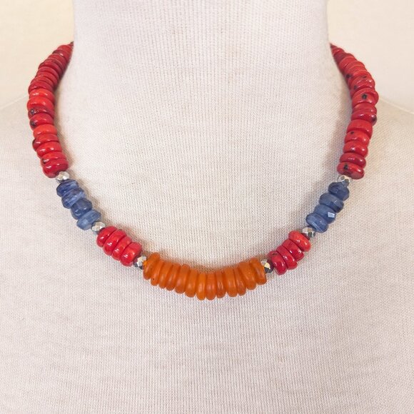 Southwestern Red Coral, Denim Blue Kyanite & Orange Statement Necklace - Picture 1 of 3